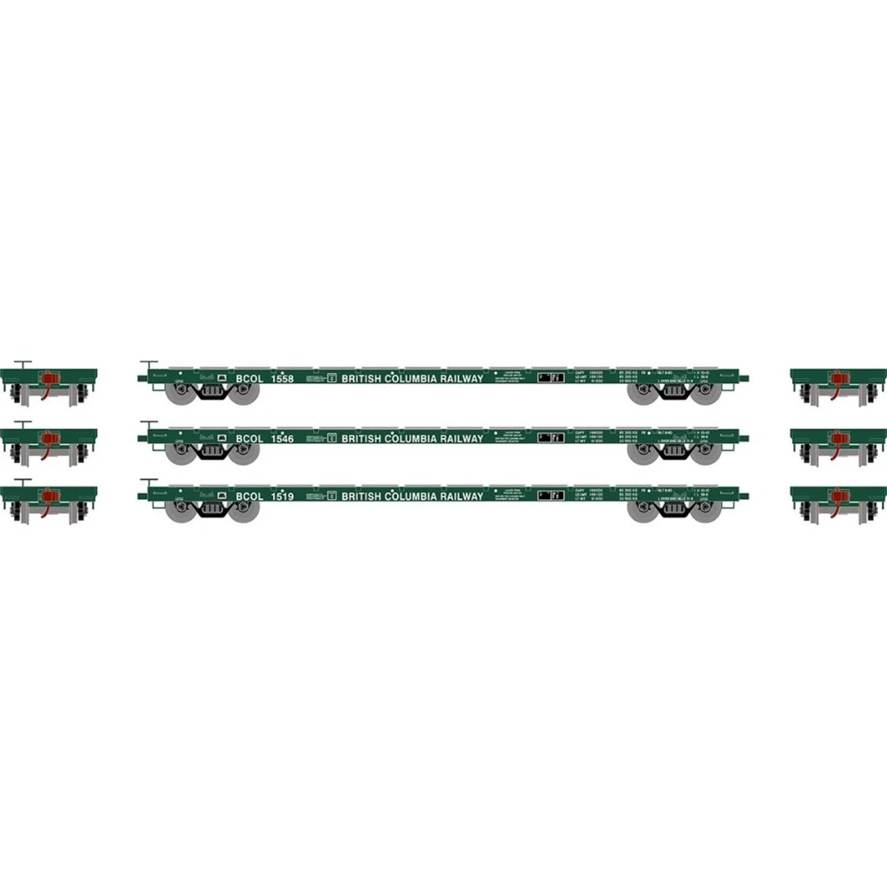 Athearn RTR 97080 - 60' Flat Car (3) BC Rail (BCOL) 1558, 1546, 1519 - HO Scale 3 Athearn RTR 97080 - 60' Flat Car (3) BC Rail (BCOL) 1558, 1546, 1519 - HO Scale